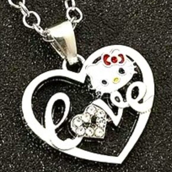 Necklace Hello Kitty Love Heart Enamel Sanrio Rhinestones Silver Goth Emo Scene - Picture 2 of 3